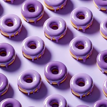 A repeating pattern of purple glazed donuts on a purple background. The donuts have a glossy finish and a slight drip of glaze. A high-quality AI-generated photo.