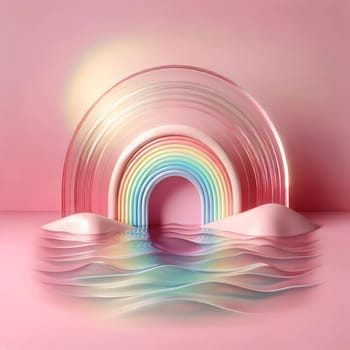 A rainbow archway with a glossy finish standing over a pink, wavy surface. The scene is set against a pink background. A high-quality AI-generated photo.