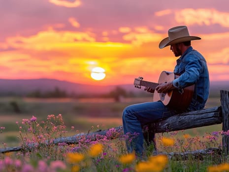 A cowboy sitting on a wooden fence, playing an acoustic guitar . AI generative.
