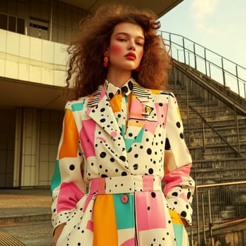 An elegant and sophisticated model  wearing a ready-to-wear collection in a vibrant pop art probabilistic color palette.Ai generative.