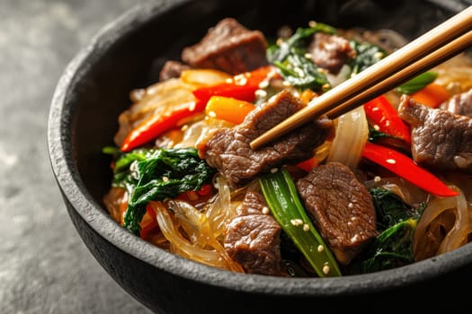 Glass noodles with vegetables and beef. AI generative.