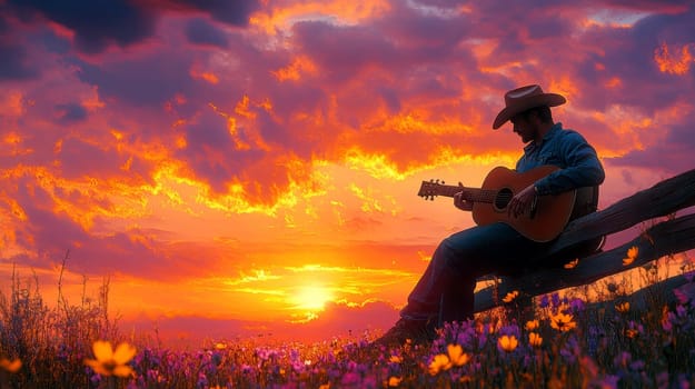 A cowboy sitting on a wooden fence, playing an acoustic guitar . AI generative.