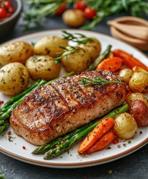 cooked duck breast, accompanied by a variety of caramelized vegetables. AI generative.