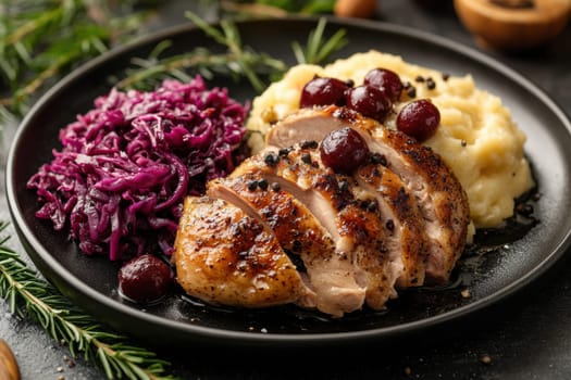 Duck fillet,red cabbage and apple mousse. AI generative.