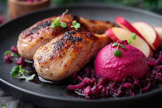 Duck fillet,red cabbage and apple mousse. AI generative.