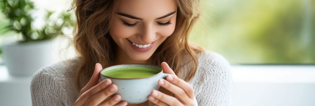 sitting smiling young woman drinking matcha tee. AI generative.