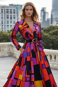 An elegant and sophisticated model  wearing a ready-to-wear collection in a vibrant pop art probabilistic color palette.Ai generative.