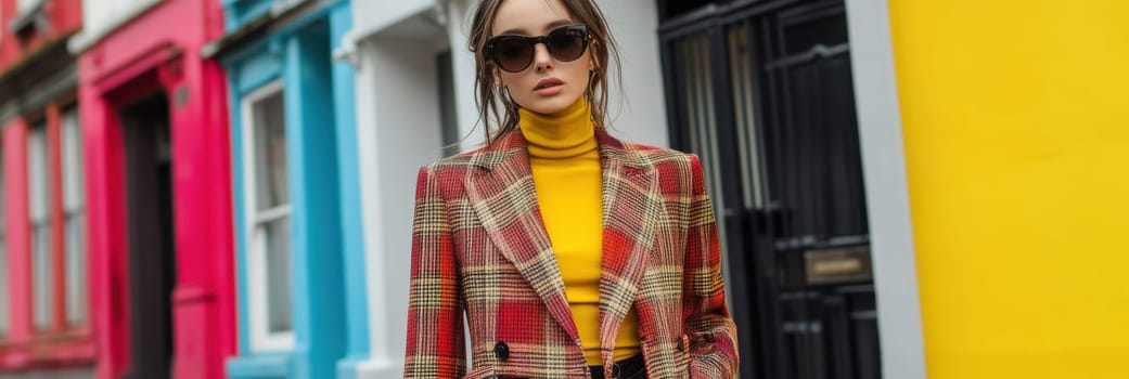 An elegant and sophisticated model  wearing a ready-to-wear collection in a vibrant pop art probabilistic color palette.Ai generative.