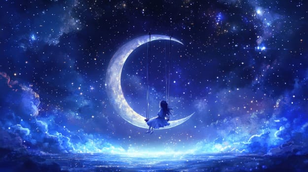 Sitting and hustling on the Crescent Moon girl, in the background the night sky full of stars. AI generative.