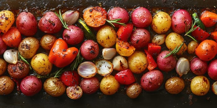 a rustic baking sheet filled with freshly roasted vegetables, including colorful peppers, onions, potatoes, zucchini and whole garlic cloves. Ai generative.
