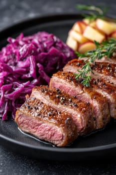 Duck fillet,red cabbage and apple mousse. AI generative.