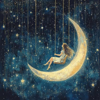Sitting and hustling on the Crescent Moon girl, in the background the night sky full of stars. AI generative.