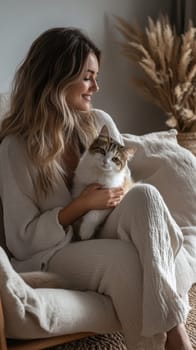 A woman in casual sits on the sofa, holding her cat and smiling at it. Ai generative.