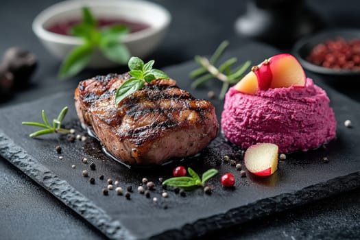Duck fillet,red cabbage and apple mousse. AI generative.