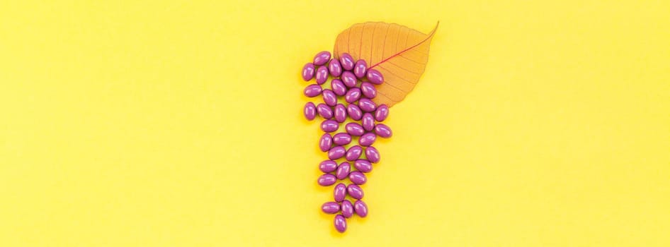 Purple nutritional supplement Grape seed extract pills in bunch of grapes shape isolated on bold yellow background copy space. Template for feminine beauty blog social media. Female healthcare concept