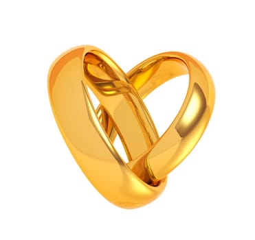 Two golden wedding rings in a heart shape on white background. Love and marriage concept. 3D illustration.