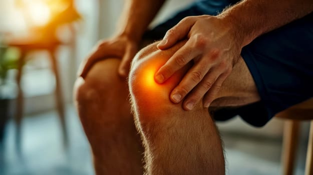 Digital composite of highlighted knee of a man with knee pain. AI generative.