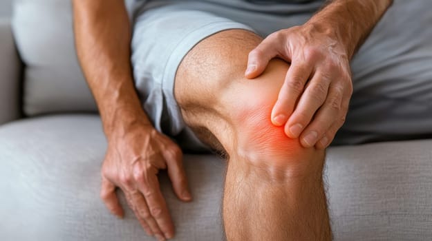 Digital composite of highlighted knee of a man with knee pain. AI generative.