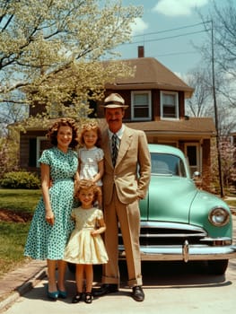 Vintage photo of an American family from the 1940s, 1950s