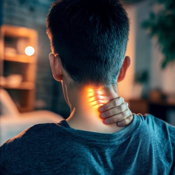 digital composite of highlighted neck of a man with neck pain. AI generative.