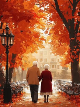 elderly couple is taking a walk in the country lane under the shade of trees. AI generative.