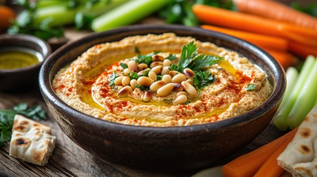 roasted garlic hummus served in bowl topped with paprika, flat parsely and roasted pine . AI generative.