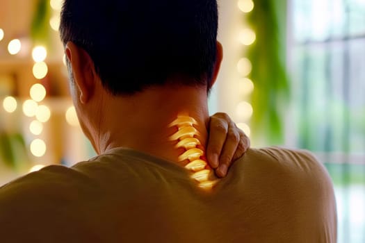 digital composite of highlighted neck of a man with neck pain. AI generative.
