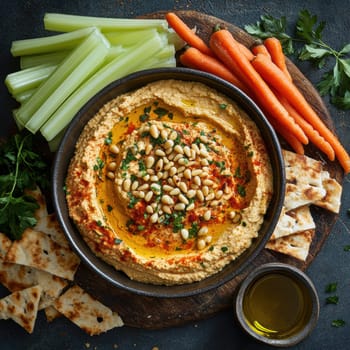 roasted garlic hummus served in bowl topped with paprika, flat parsely and roasted pine . AI generative.