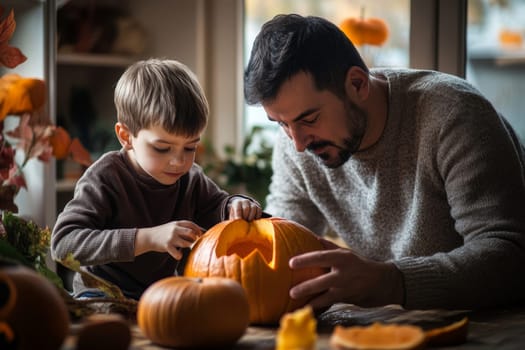 Father and young son working together to carve a pumpkin for Halloween, surrounded by autumn decorations in a cozy indoor setting.