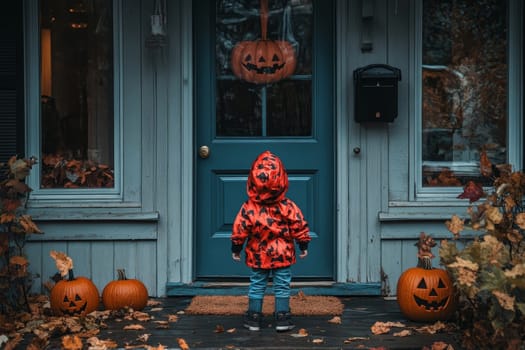 Child in red costume standing before a blue door decorated with jack-o'-lanterns and autumn leaves, creating a charming Halloween scene.