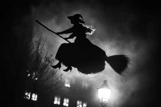 Dramatic silhouette of a witch flying on a broomstick against a moonlit sky with street lamps and buildings below, evoking a spooky Halloween atmosphere.