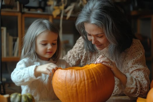 Heartwarming scene of a grandmother and young girl carving a large orange pumpkin together, surrounded by books in a cozy interior setting.