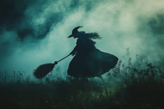 Eerie silhouette of a witch with a broom against a foggy teal sky, creating a spooky Halloween atmosphere in a mysterious field.