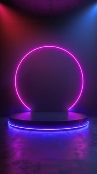 A striking neon circle illuminates a futuristic podium against a vibrant purple and blue backdrop, creating an eye-catching display for product presentation