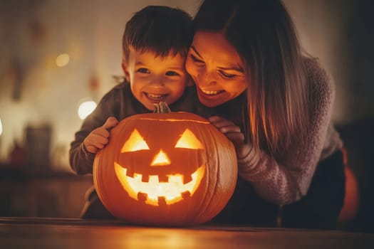 Mother and child enjoying a glowing jack-o'-lantern in warm, cozy ambiance, capturing the magic and excitement of Halloween traditions.