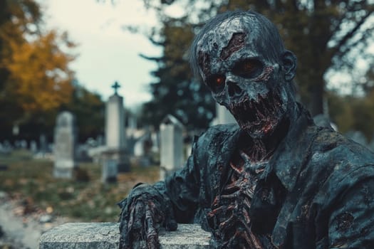 Gruesome zombie figure with decaying flesh in a misty graveyard, surrounded by tombstones and autumn trees, creating a chilling Halloween scene.