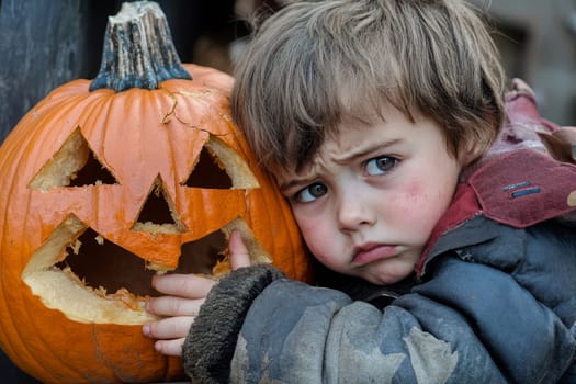 Young boy with a somber expression leaning against a carved jack-o'-lantern pumpkin, embodying childhood disappointment during Halloween festivities.
