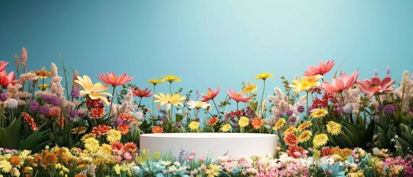 A wide-angle view of a presentation stand enveloped by a stunning, multicolored floral arrangement