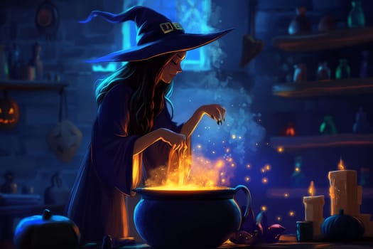 Digital illustration of a witch in a pointed hat casting a spell over a glowing cauldron, surrounded by magical items in a dimly lit, mystical room.