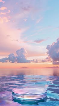 A glass-like podium emerges from tranquil waters under a pastel-colored sky dotted with fluffy clouds at sunset