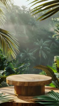 A thick mist surrounds a round wooden table set against a lush tropical forest backdrop, evoking an exotic ambiance