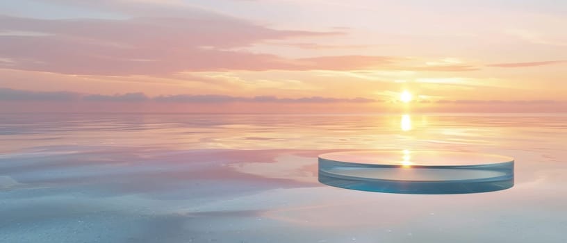 Wide-angle shot captures the ocean's serenity at dusk, highlighted by a reflective display podium under a soft-hued sky