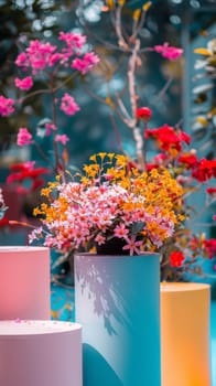 Vibrant flowers arranged on pastel-colored pedestals add a pop of color to a serene outdoor setting