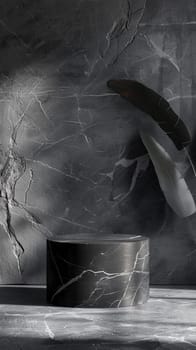 Two feathers seemingly suspended in mid-air above a black cylindrical object with a dark marble textured background