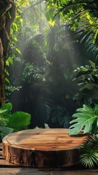 A captivating jungle scene with a wooden platform nestled among lush tropical foliage, illuminated by soft sunlight rays