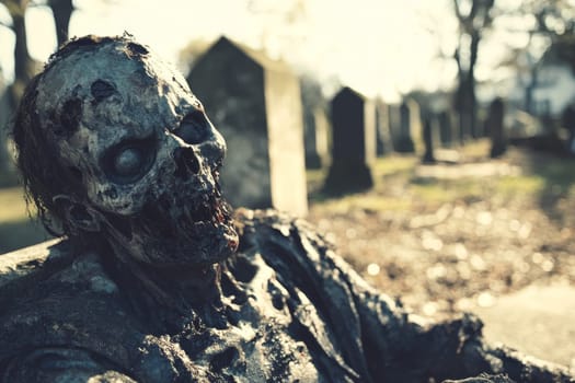 Close-up of a decaying zombie face with empty eye sockets in the foreground, blurred cemetery headstones visible in the background.