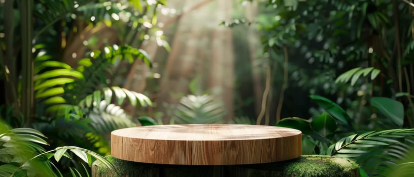 A simple wooden platform stands amidst a verdant tropical paradise, surrounded by an abundance of vibrant, flourishing plants and trees, creating a serene, naturalistic setting