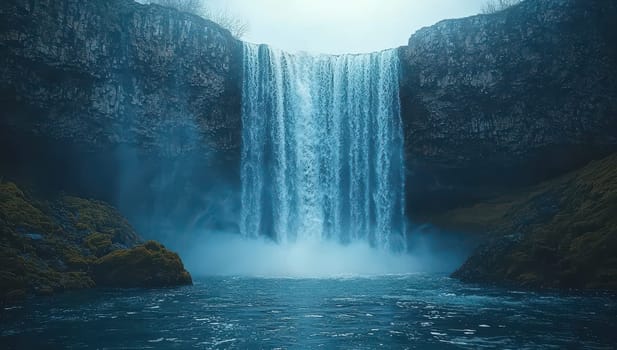Powerful waterfall cascading into a misty pool. Concept of nature beauty and power.