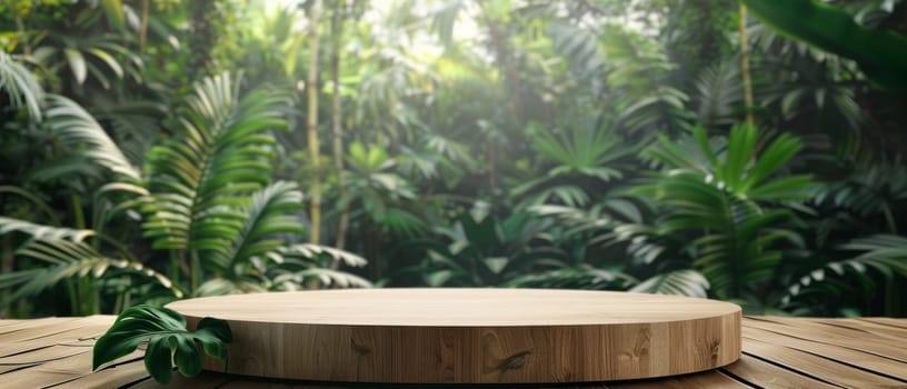 A sunlit wooden platform offers a pristine stage in a dense jungle oasis, creating a natural setting for product display