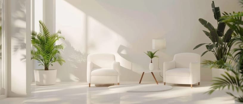 Two minimalist white armchairs set in a brightly lit room adorned with lush indoor greenery and simple, elegant decor